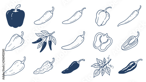 Cuadro en lienzo Hand drawn chili and bell pepper line art vector icon set