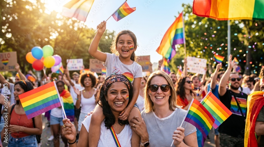 Fototapeta premium Shared Pride: Lesbian Mothers and Child at Pride Event