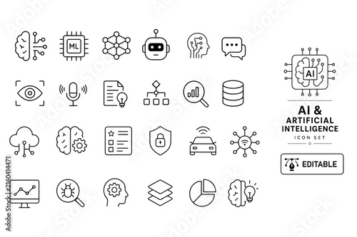 Artificial Intelligence AI Technology Icon Set Collection – Machine Learning, Automation, Data, Robotics and Digital Innovation