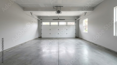 Modern empty residential garage with white walls and concrete floor