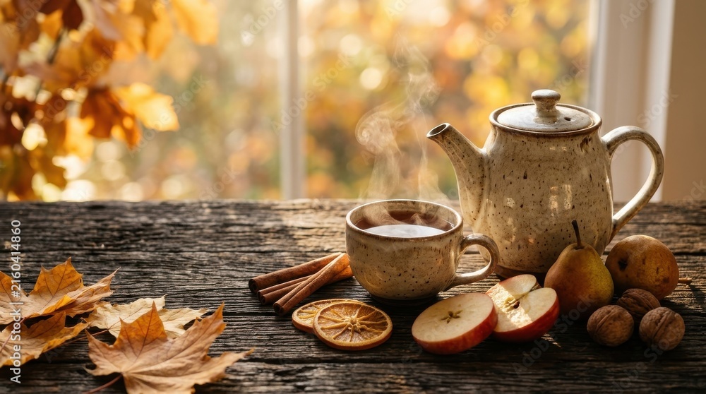 Fototapeta premium Autumn tea service with teapot, pear, and apple on wooden table.
