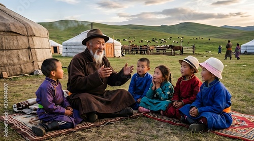 Senior mongolian man telling traditional stories to children by yurts