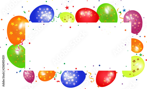 Colorful birthday card with copy space. Happy birthday banner or frame with balloons and stars confetti for festive party decoration.