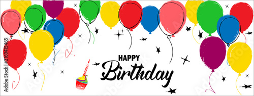 Happy birthday banner. Holiday greeting card and invitation design for birthdays celebrations decoration. Birthday background with watercolor balloons.