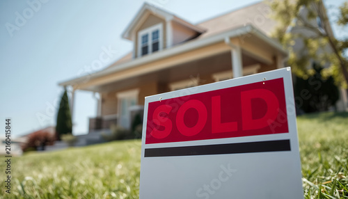 Real estate for sale sign in front of modern suburban house with red sold sticker