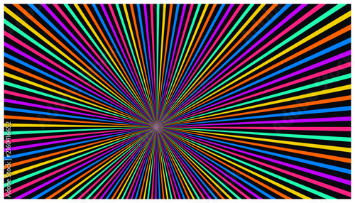 Colorful light rays in neon shades emanating from center on black background for graphic design.