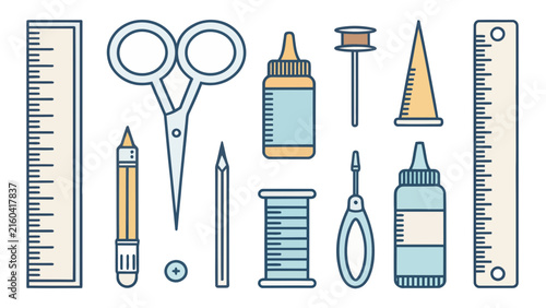 Set of sewing and crafting tools including scissors rulers glue pencils and thread spools vector illustration with scissors creative equipment accessory illustration isolated background