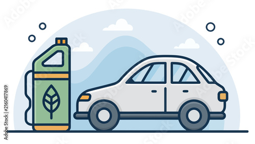 Eco friendly bio fuel canister with leaf symbol next to white car vector illustration canister friendly environment sustainable gasoline transport automobile protection conservation