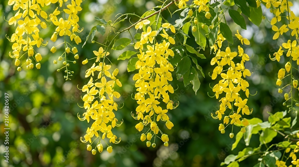 Obraz premium Vibrant yellow golden shower tree flowers blooming on delicate hanging branches in bright natural sunlight against a soft green backdrop flower yellow bloom blossom gold golden spring summer nature