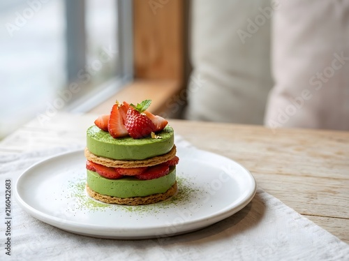 Layered matcha and strawberry dessert on white plate with fresh fruit topping for gourmet presentation