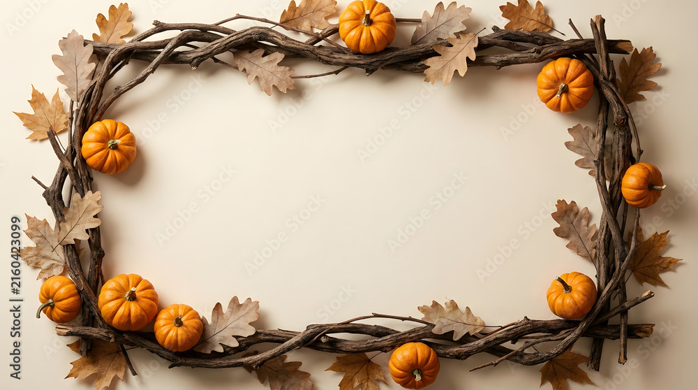 Fototapeta premium Autumnal halloween wreath with miniature pumpkins and oak leaves on a neutral beige background