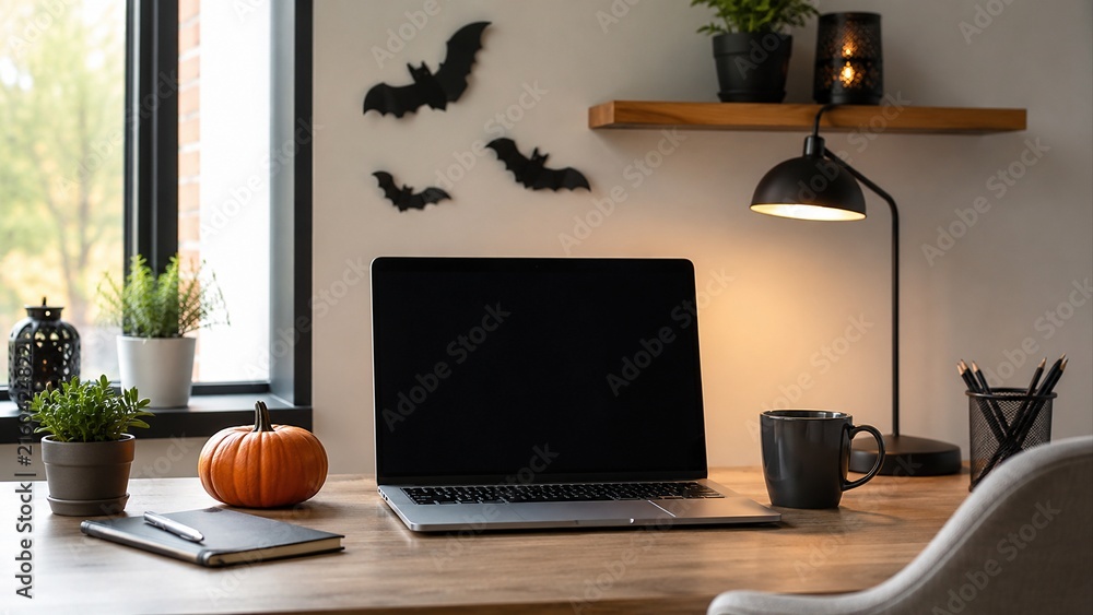 Fototapeta premium Cozy Halloween home office workspace with laptop, pumpkin, bats and warm lamp decor