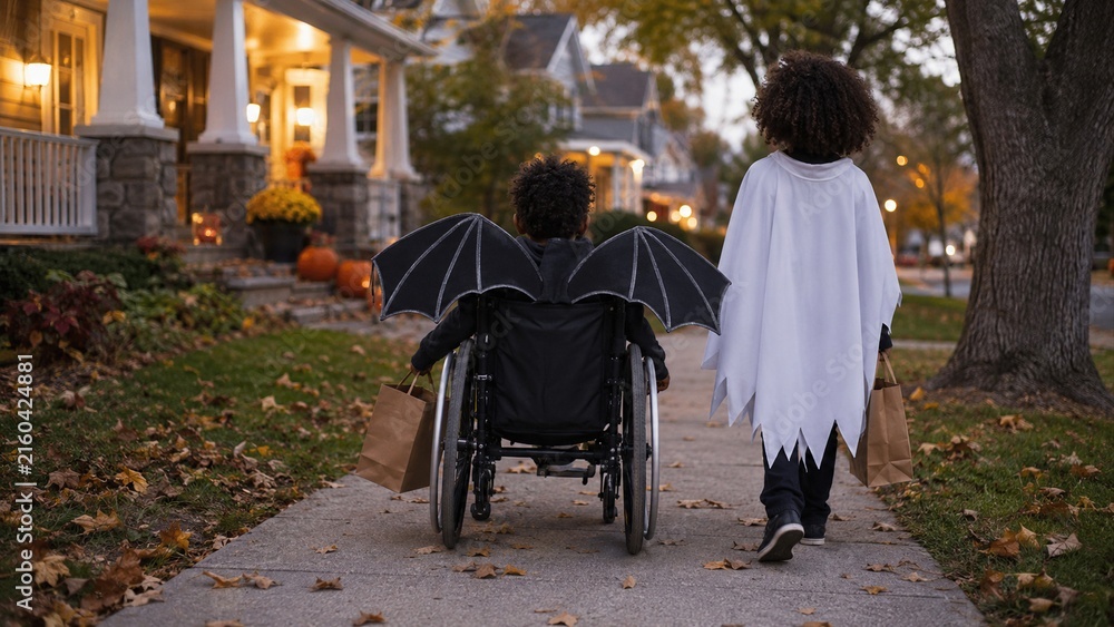 Obraz premium Children in bat and ghost costumes trick or treating together in neighborhood on Halloween