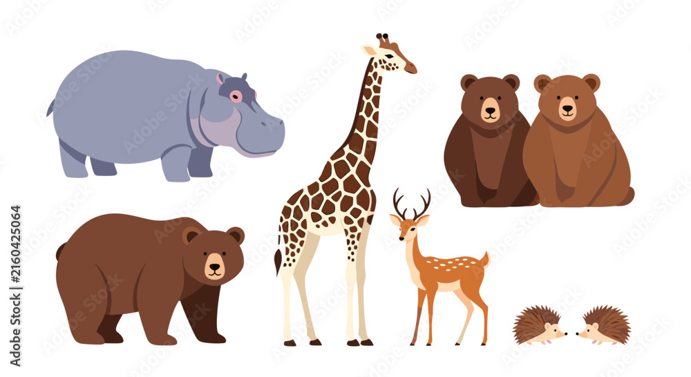 Obraz premium Collection of cute wild animals including a hippopotamus, giraffe, bears, deer, and hedgehogs in cartoon style.