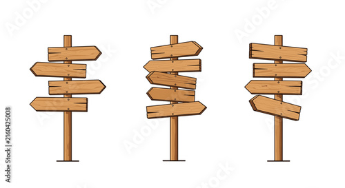 Wooden directional signposts with blank arrow boards pointing different ways, rustic design on a white background.