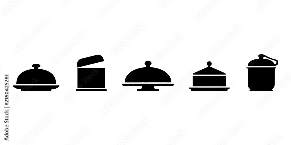 Fototapeta premium Set of five black silhouette representing various food serving dishes and kitchen storage containers for culinary presentation