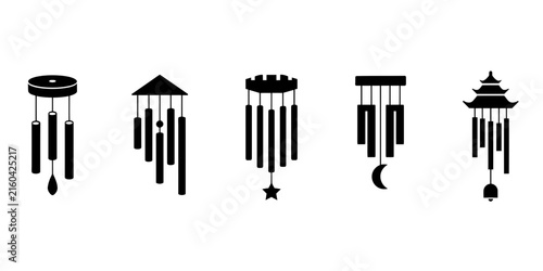 Bild auf Leinwand Set of black silhouette representing various decorative wind chimes with differe