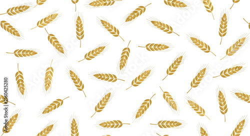 Seamless golden wheat pattern depicting ripe ears of grain scattered randomly over a minimalist white background.