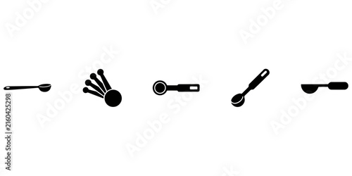 Collection of five black silhouette representing various kitchen measuring spoons and scoops for precise cooking and baking ingredient portions
