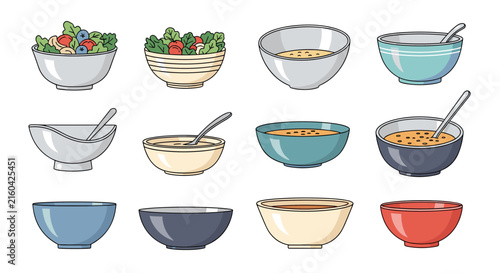 Colorful collection of kitchen bowls containing salad, soup, or empty, shown in a simple cartoon vector style.
