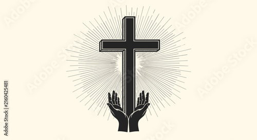 Christian cross with shining rays of divine light and cupped hands below, a religious symbol of faith and hope.