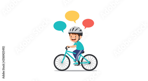 Happy cartoon boy wearing a safety helmet and riding a bicycle with colorful blank speech bubbles above his head.