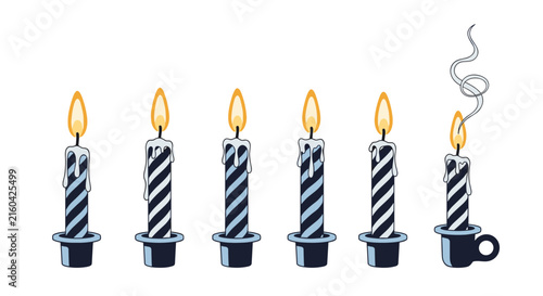 Striped birthday candles in a row with five burning bright and one blown out with a trail of thin wispy smoke.
