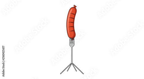 Grilled sausage impaled on a metal roasting fork with a stable tripod base stand, isolated on a white background.