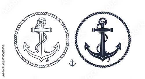 Nautical rope circular frames enclosing ship anchors in outline and solid vector styles with a small anchor icon.