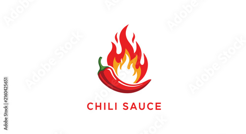 Chili sauce logo template featuring a hot red pepper against a vibrant background of stylized hot fire flames.