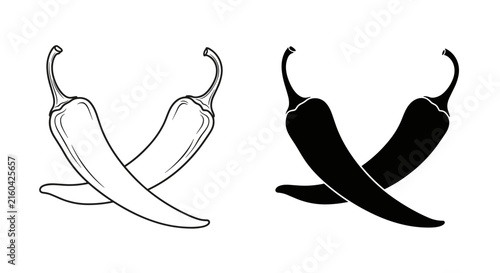 Crossed hot chili peppers shown in two styles, a detailed line art outline and a solid black silhouette graphic.