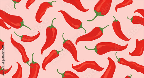 Seamless pattern of spicy red chili peppers randomly scattered over a soft pink background, ideal for textiles.