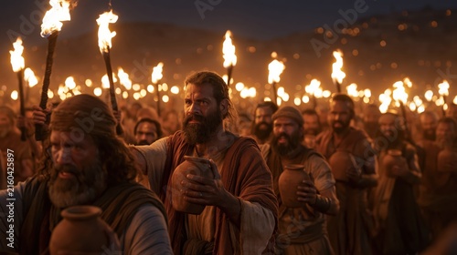 Gideon's three hundred men breaking clay jars and raising torches against the Midianites at night.