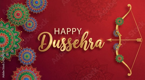 Happy dussehra greeting card design with golden bow and arrow symbol on a dark red background with decorative patterns