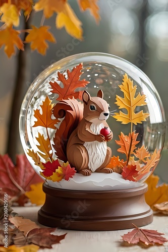 Magical Autumn Snow Globe with Cute Squirrel, Pumpkins and Colorful Fall Leaves