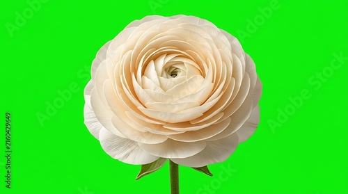 Delicate pale pink ranunculus flower head with water droplets against a vivid solid green chroma key background ranunculus background droplets