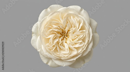 Luxurious white english garden rose flower head top view on gray background with isolated background fragrant gardening decorative ornamental
