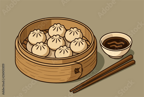 Freshly steamed chinese dumplings in a traditional bamboo steamer basket, served with soy sauce and chopsticks.
