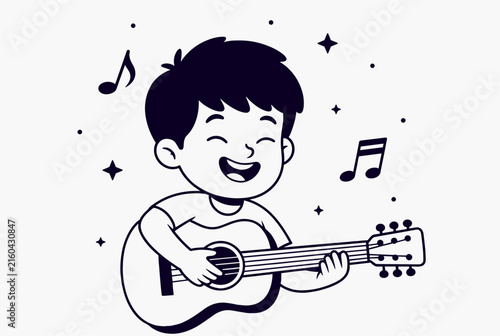 Happy cartoon boy playing an acoustic guitar and singing with musical notes, black and white outline vector.
