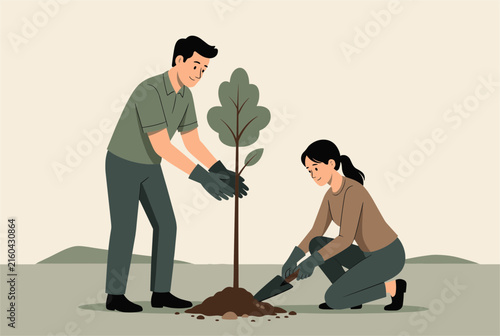 Young man and woman working together to plant a new sapling in the soil, promoting environmental conservation.