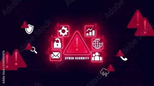 Red cyber security threat alert with virus and warning symbols on dark background red warning virus digital padlock