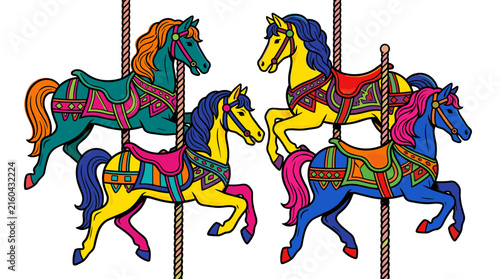 Four colorful carousel horses in motion