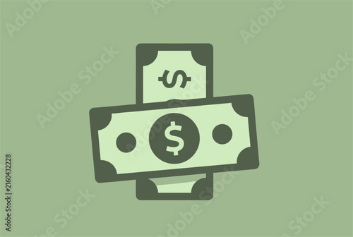 Stack of two green paper dollar banknotes crossed over each other on olive green background in flat cartoon style.