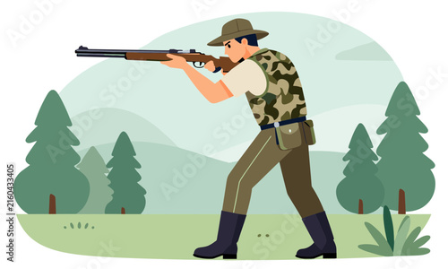 Hunter in camouflage vest and hat standing in a pine forest, carefully aiming his rifle during the hunting season.
