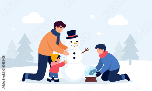 Happy parents and their little child building a snowman together in a snowy forest on a beautiful winter day.