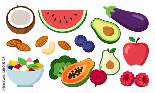 Complete dietary set of healthy organic foods featuring fresh fruits, vegetables, nuts, and a delicious salad bowl.
