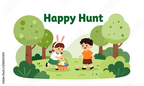 Cute little children with rabbit ears looking for colored Easter eggs in a green park under the text Happy Hunt.