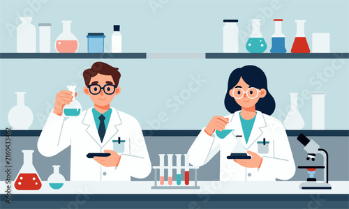 Professional scientists, a man and a woman, conducting scientific research and mixing chemicals in a clean laboratory.