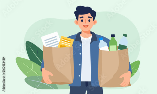 Enthusiastic young man holds two large brown paper bags filled with recyclable papers, glass and plastic bottles.