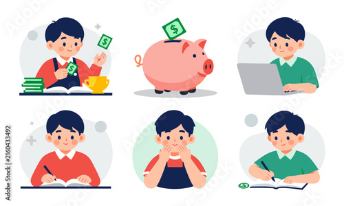 Vector illustration set of a young boy engaged in different activities like saving money, studying, and writing.
